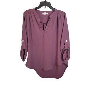 Zenana Purple Split Neck Hi-Lo Hem Roll Tab Sleeve Casual Top Womens Size Medium